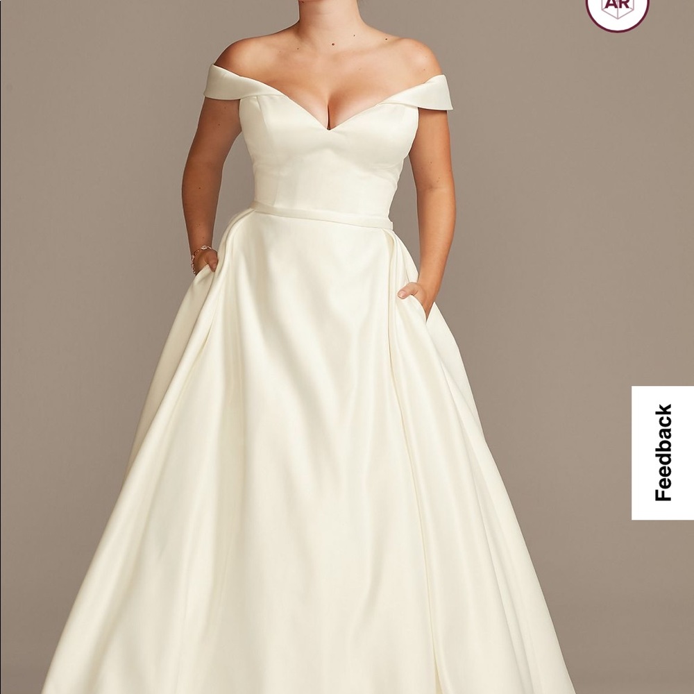 Satin off the shoulder ball gown in ivory including hoop skirt, garter,veil,wrap
